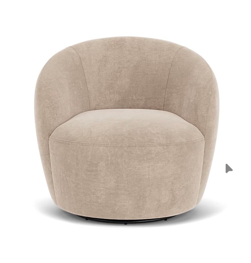 A contemporary accent chair with a rounded, barrel-like silhouette. The chair features a plush, upholstered seat and backrest with subtle stitching detail. It is supported by a low-profile, circular swivel base. — 3D model