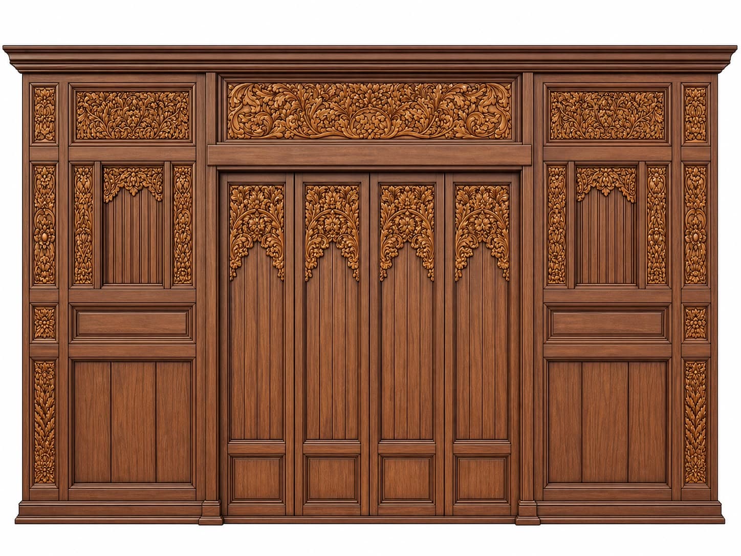 A freestanding, ornate wooden room divider or decorative wall panel, characterized by extensive, intricate carvings and multi-panel construction. The structure features a rich, medium-brown wood finish and a classical, traditional design. — 3D model