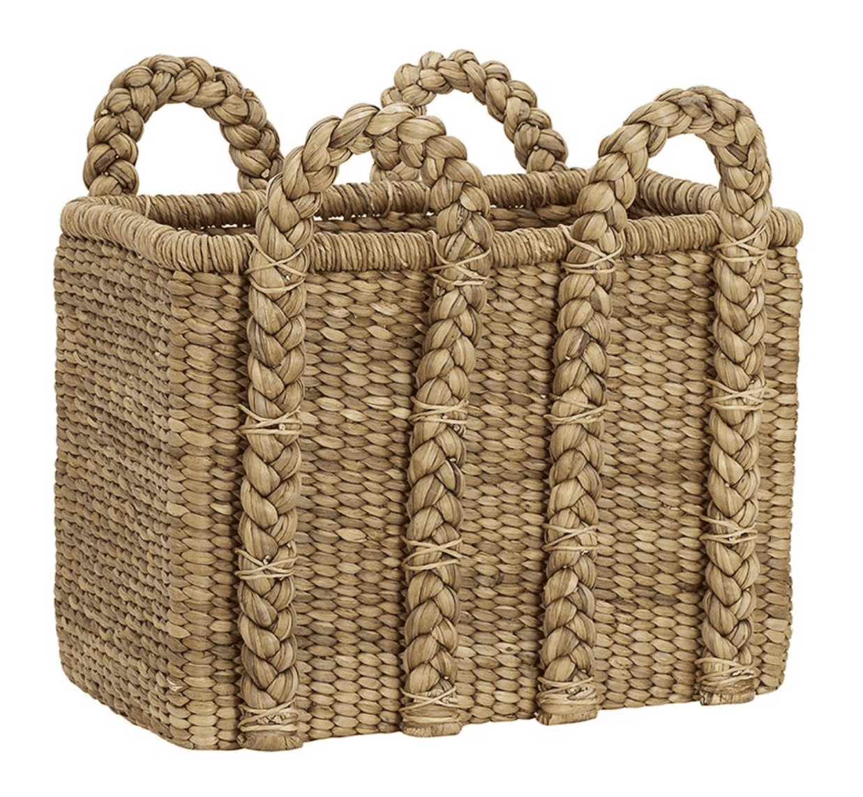 A square-shaped basket with a woven texture. It features four braided handles that arch upwards from… — 3D model