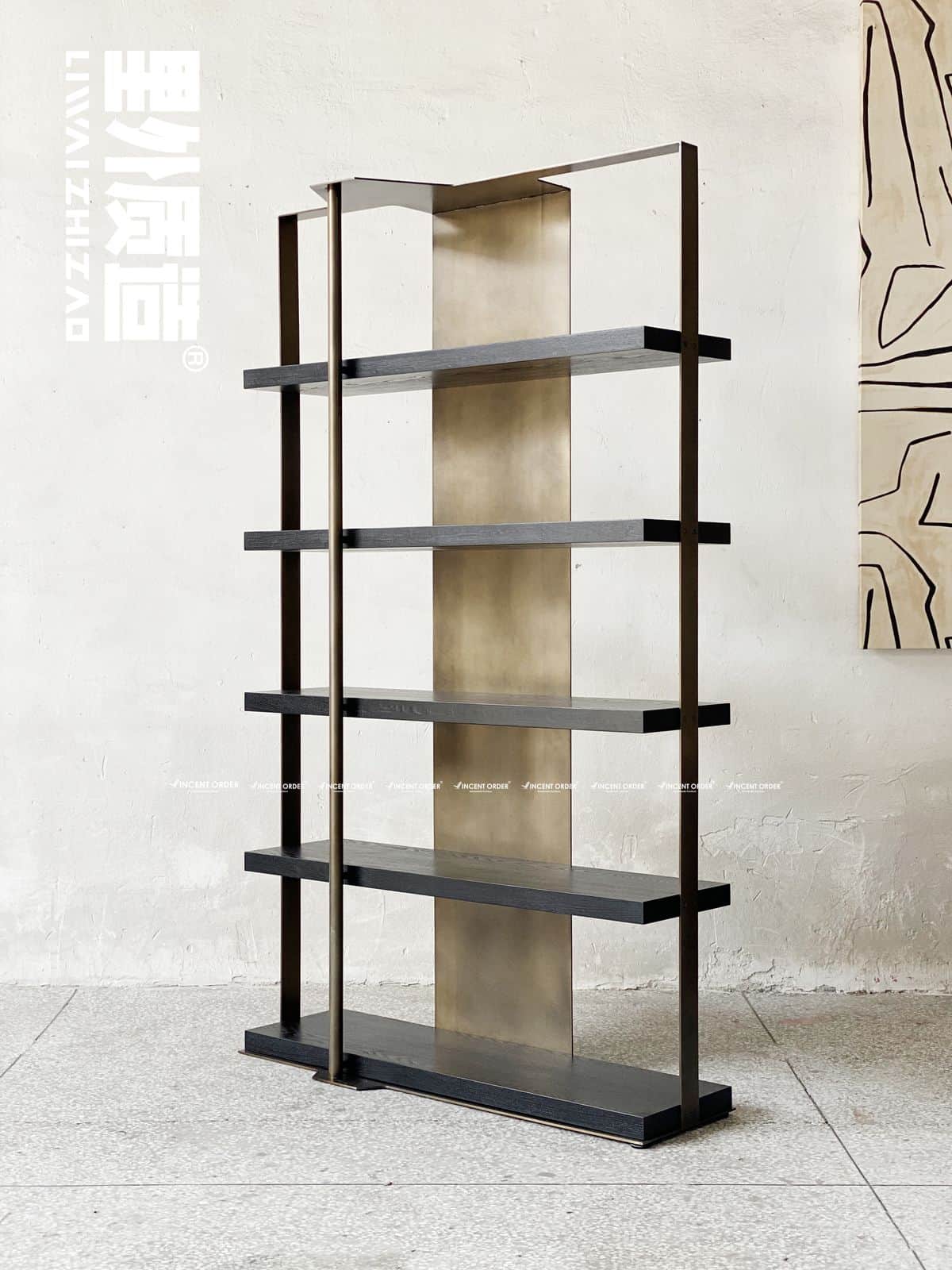 A tall, rectangular modern shelving unit featuring dark-stained wooden shelves and a minimalist dark… — 3D model