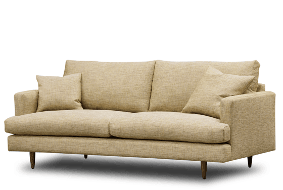 A contemporary upholstered sofa in a neutral-toned, textured fabric, featuring clean lines, two large seat cushions, two back cushions, and two square toss pillows. It is supported by small, angled wooden legs. — 3D model