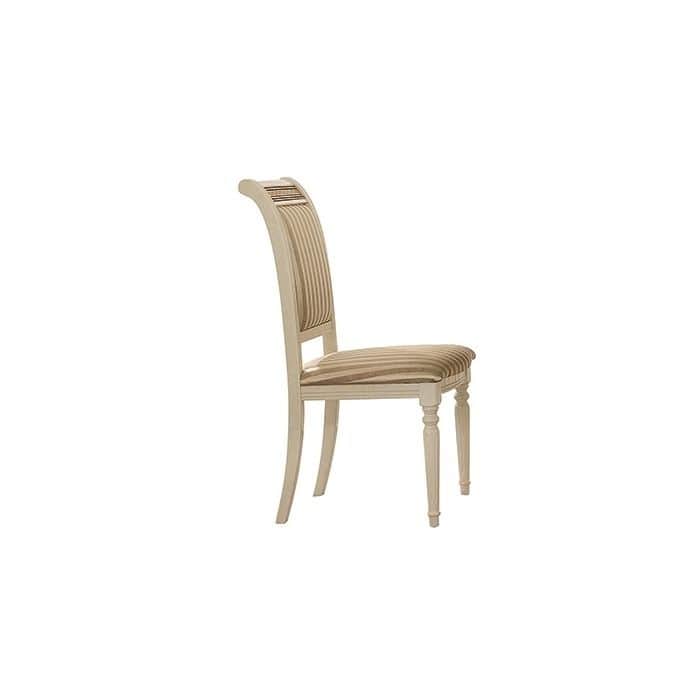 A dining chair with a light-colored wooden frame and a striped upholstered seat and backrest. The ch… — free GLB 3D model