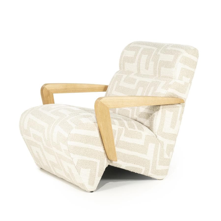 A modern armchair with a patterned fabric upholstery and wooden armrests. The armchair features a sculpted silhouette with a high back and wide seat. The armrests are curved and made of light-colored wood, providing a contrast to the patterned upholstery. The upholstery has a geometric pattern in a light beige and off-white color scheme. — 3D model
