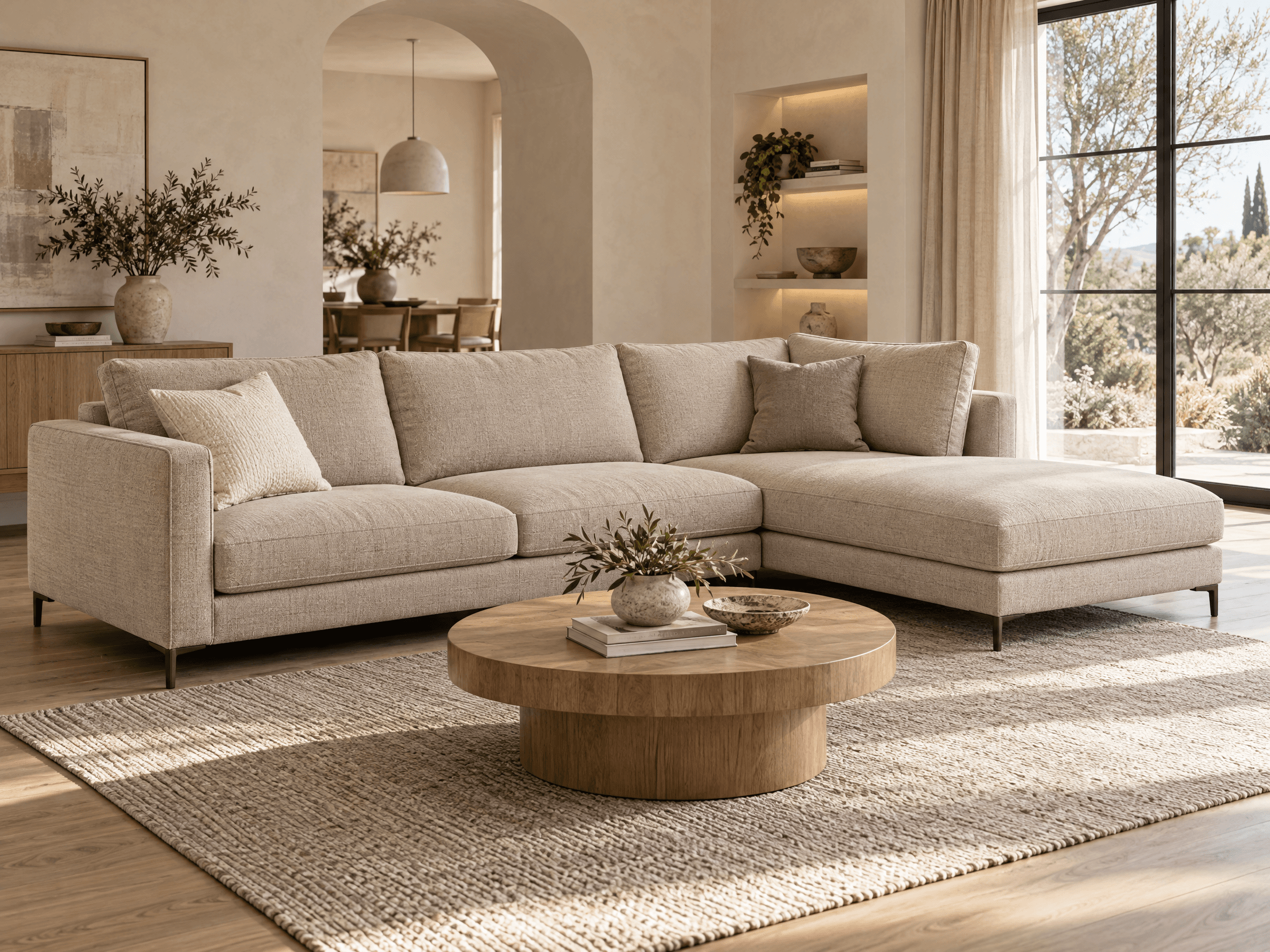 A modern L-shaped sectional sofa featuring a right-hand facing chaise lounge, upholstered in a neutral beige textured fabric, with minimalist dark metal legs. — 3D model