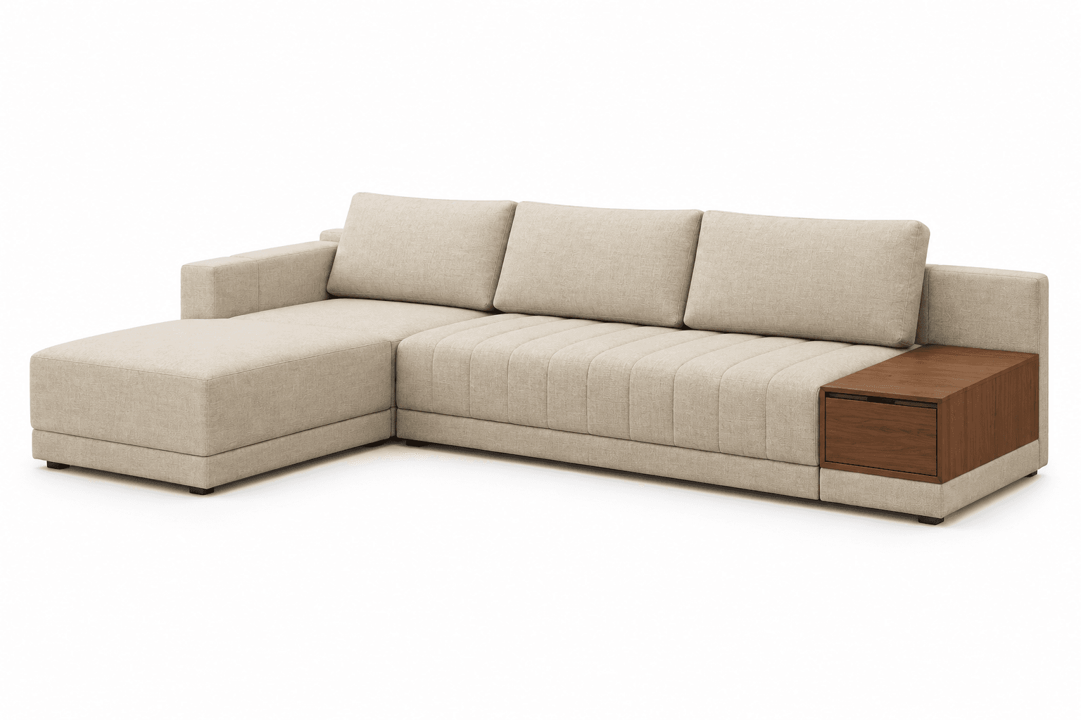 An L-shaped sectional sofa upholstered in light beige fabric, featuring a left-facing chaise lounge, three back cushions, and vertical channel tufting on the seat base. It includes an integrated wooden storage unit with a drawer on the right end, functioning as an armrest or end table. — 3D model