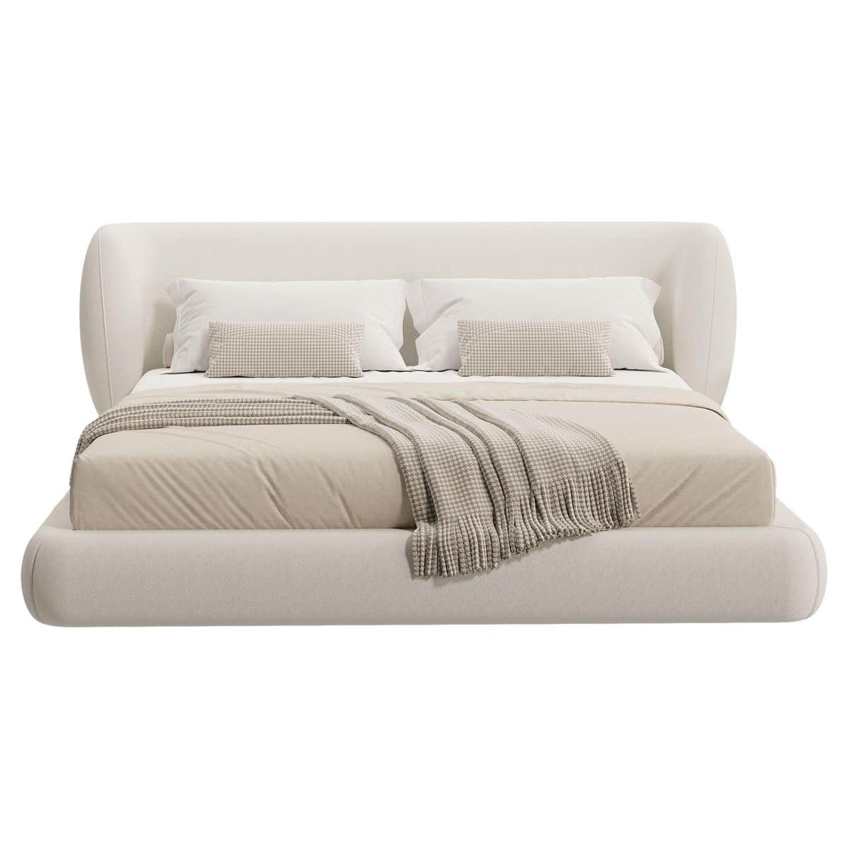 An upholstered platform bed featuring a low-profile design and soft, rounded edges. The entire frame… — 3D model