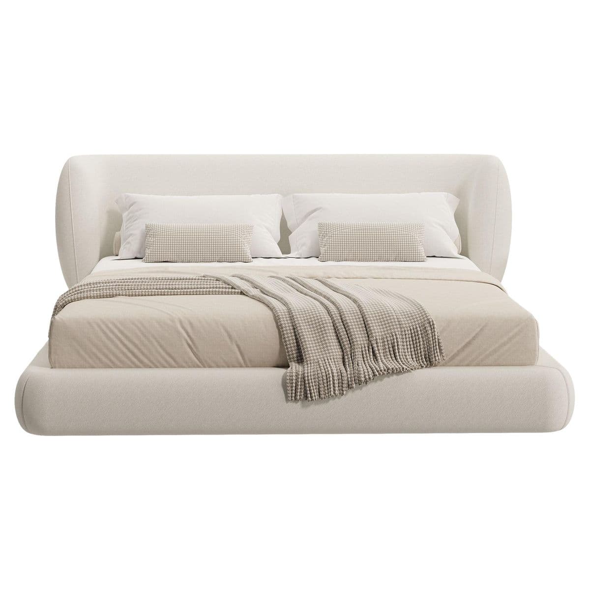 An upholstered platform bed featuring a low-profile design and soft, rounded edges. The entire frame, including the headboard and base, is covered in a light-colored, textured fabric. The headboard has a distinct, gently curved shape that wraps around the sides, and the mattress sits recessed within the upholstered frame. — 3D model