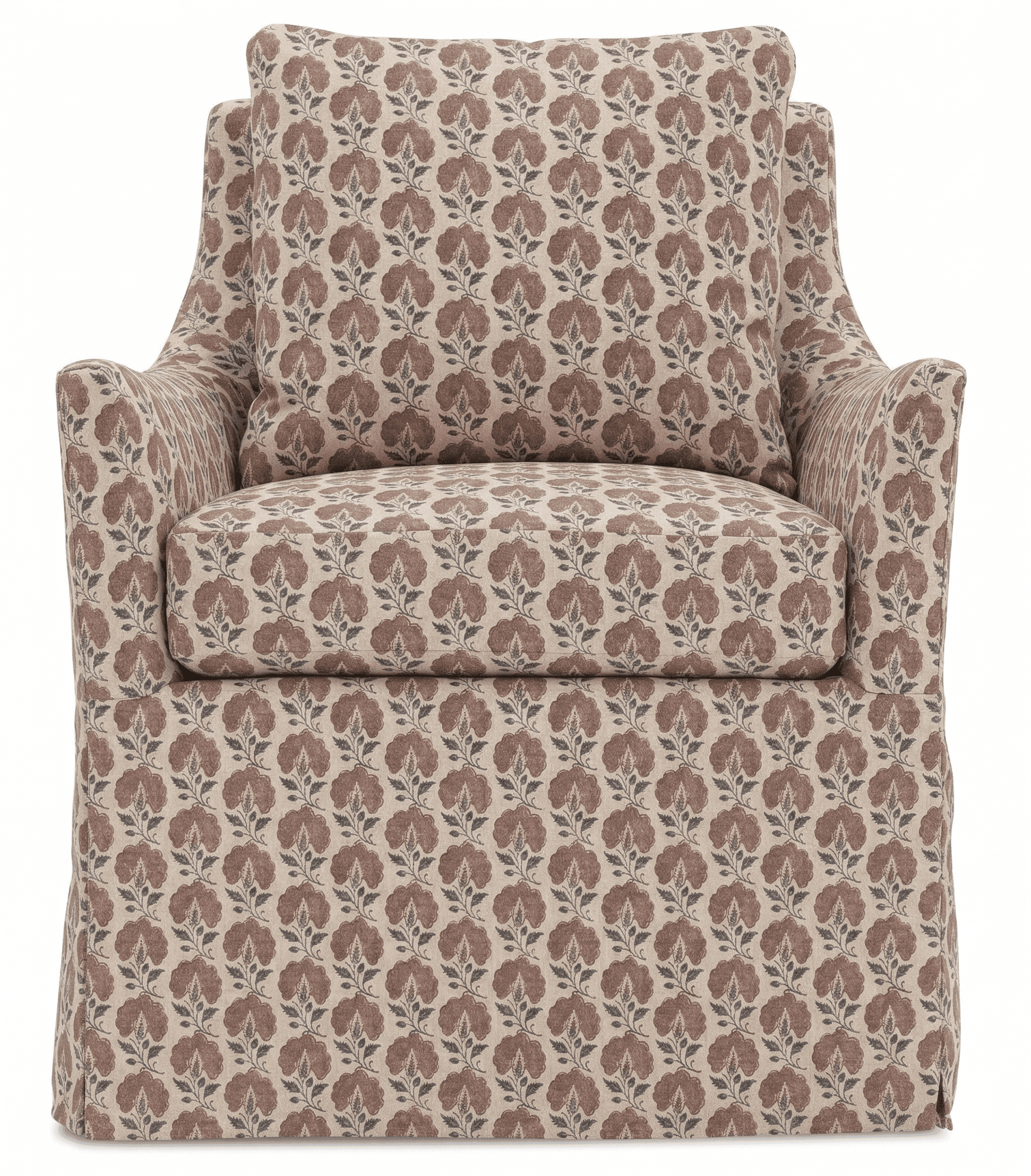 A slipcovered armchair with a high back and flared arms. The chair is upholstered in a fabric with a repeating floral pattern. It includes a loose seat cushion and a separate back cushion. — 3D model