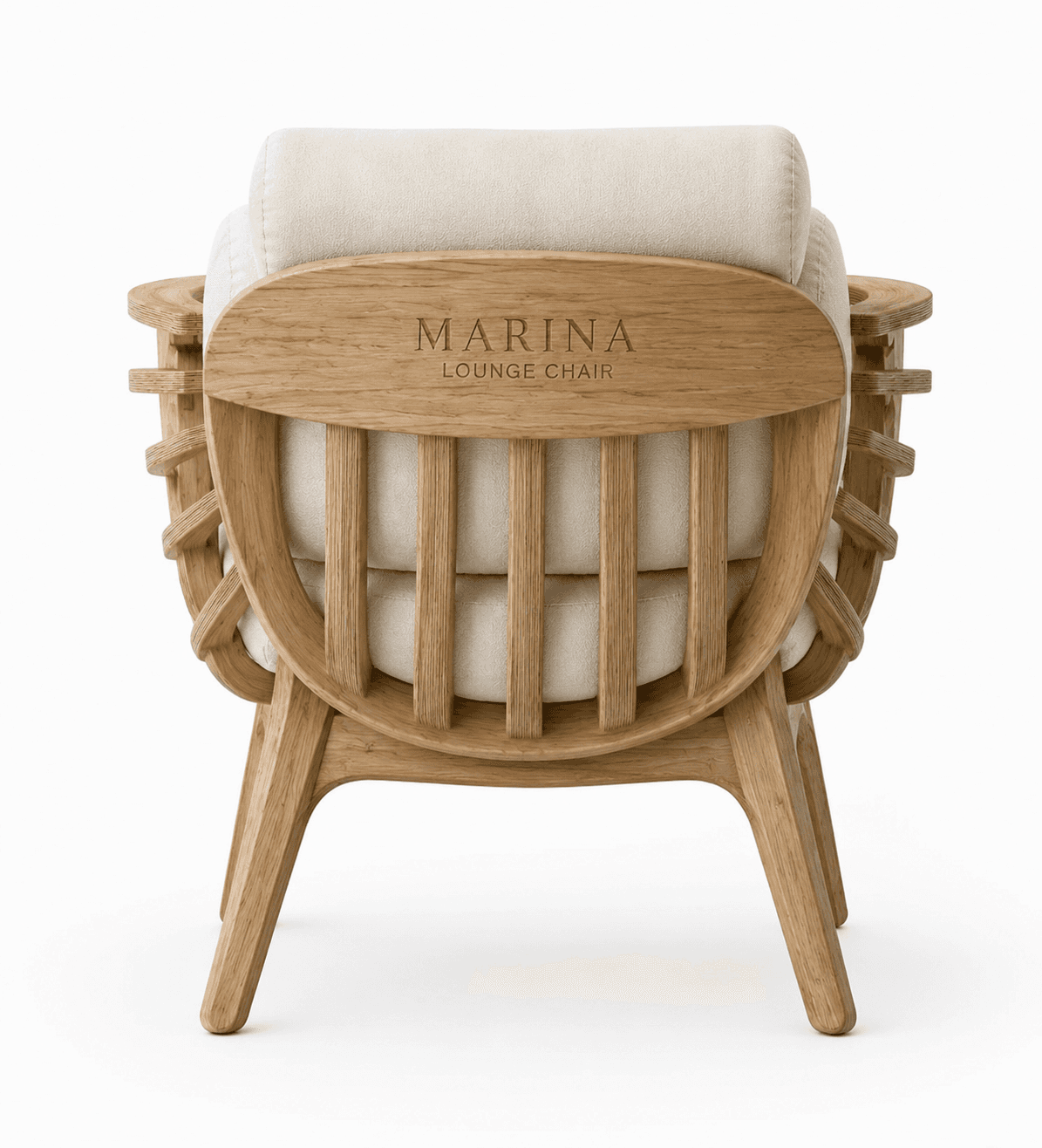 A lounge chair with a visible wood frame and upholstered cushions. The backrest features a curved wooden top rail with 'MARINA LOUNGE CHAIR' engraved on it, supported by vertical wooden slats. The side arms are constructed with a latticed wood design. The chair has four wooden legs with a natural finish. — 3D model