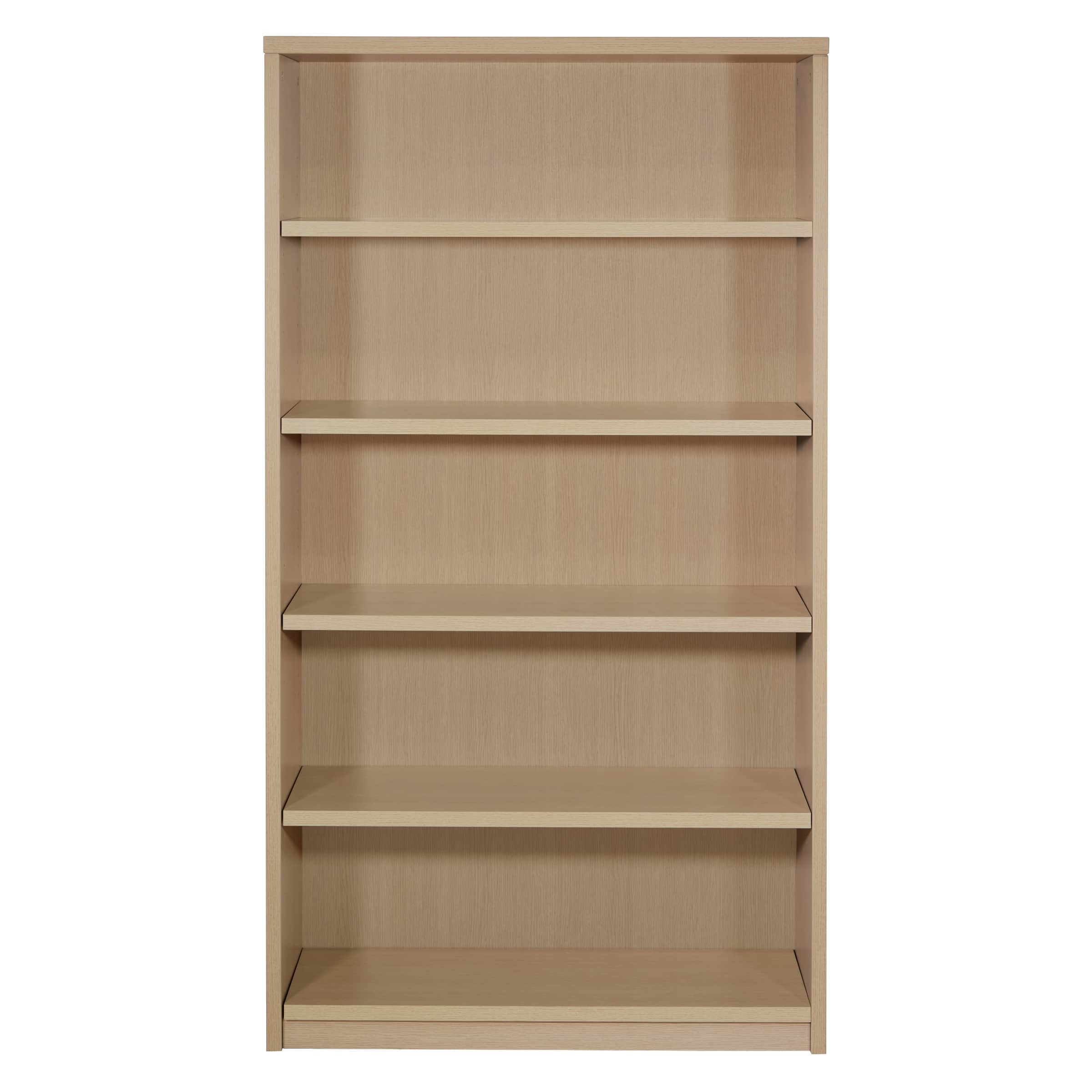 A tall, rectangular open-shelf bookshelf featuring a light wood-grain finish. It has five evenly spa… — 3D model
