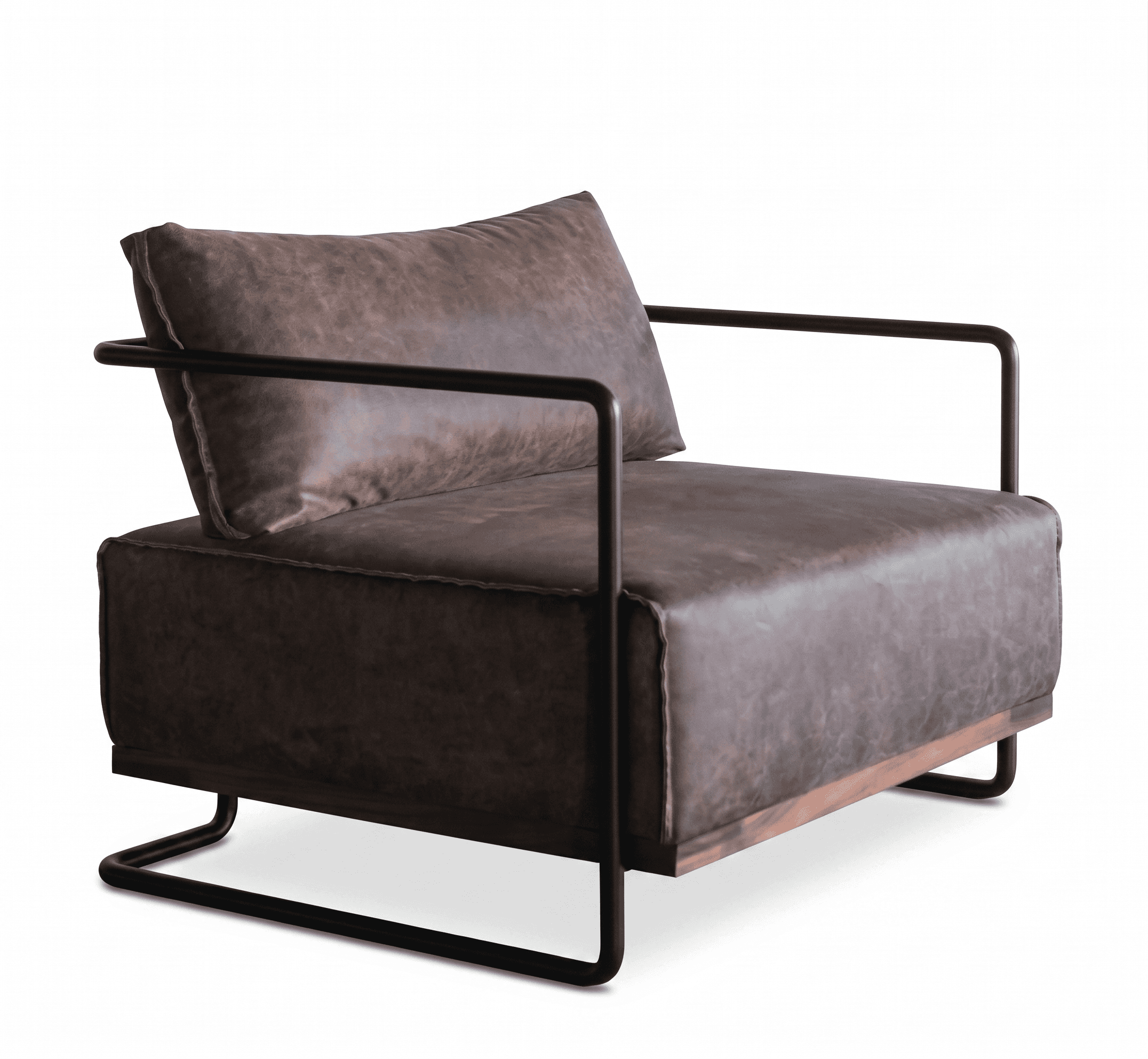 A modern industrial style lounge chair featuring distressed brown leather-look upholstery and a mini… — free BLEND 3D model