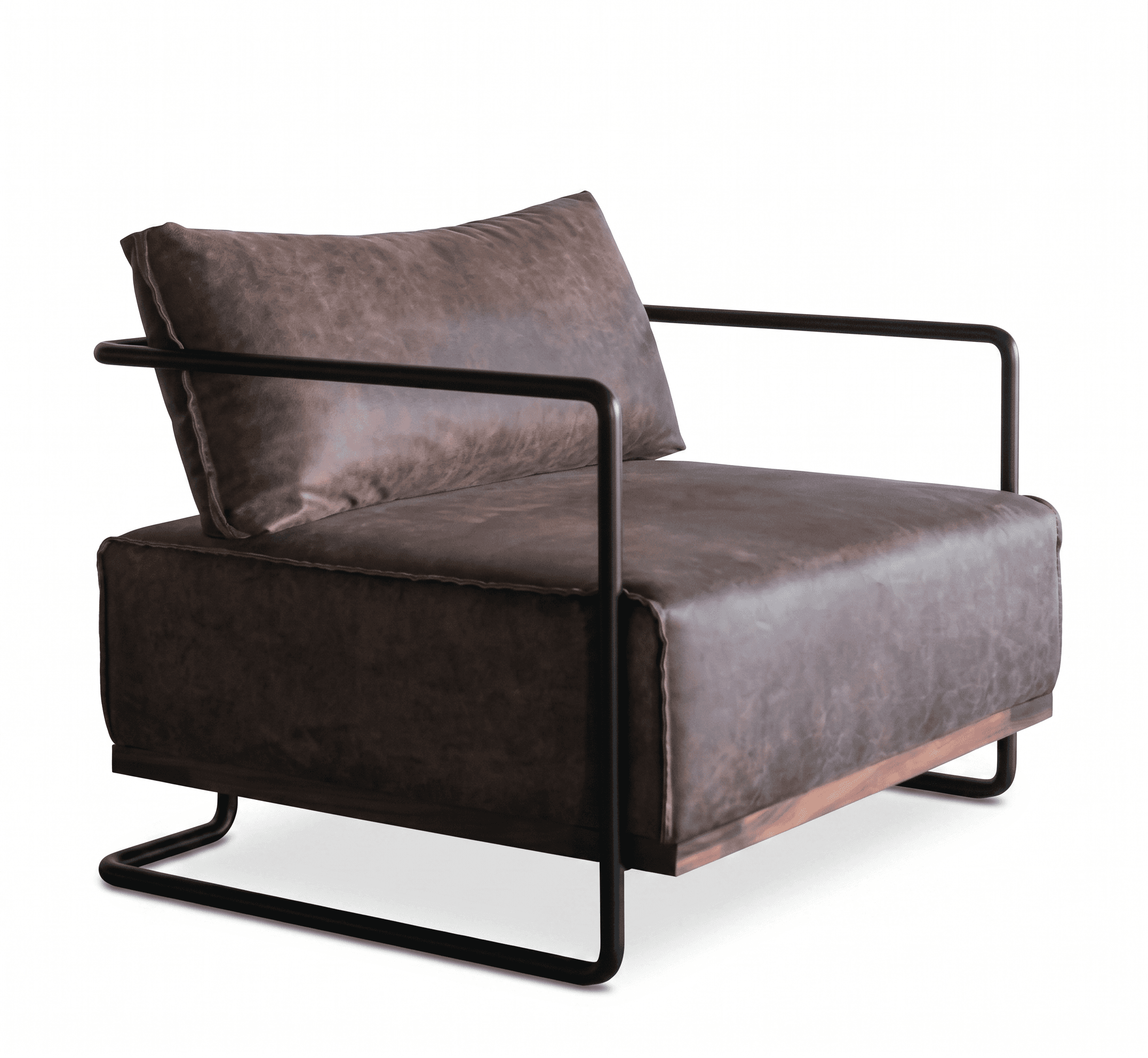 A modern industrial style lounge chair featuring distressed brown leather-look upholstery and a minimalist black tubular metal frame. The seat and back are generously cushioned, offering a comfortable seating experience. A subtle wooden element is visible beneath the upholstered seat, integrating with the metal base. — 3D model