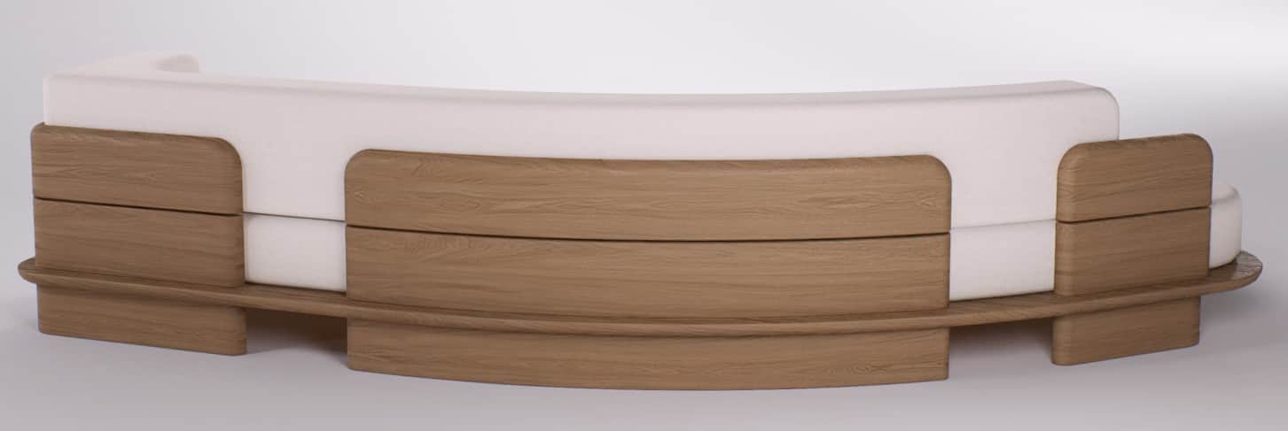 A contemporary curved sofa with white fabric upholstery and exposed light wood back panels and base. — 3D model