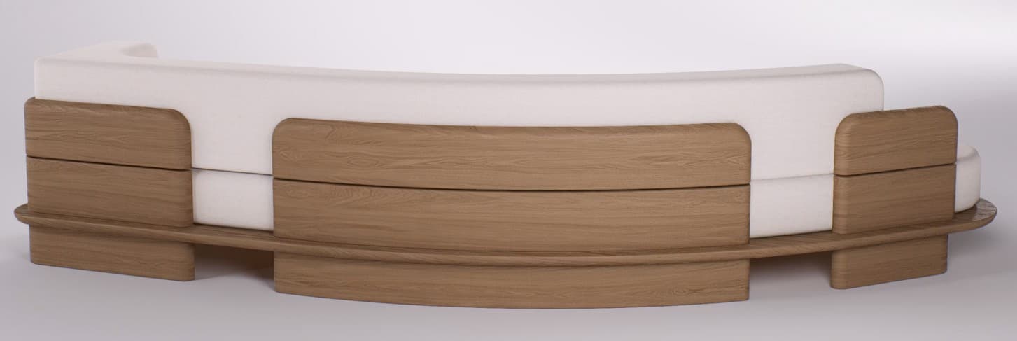 A contemporary curved sofa with white fabric upholstery and exposed light wood back panels and base. — 3D model