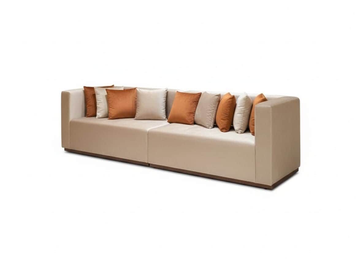A long, modern sofa with a low profile and clean lines. It appears to be modular, consisting of two… — free GLTF 3D model
