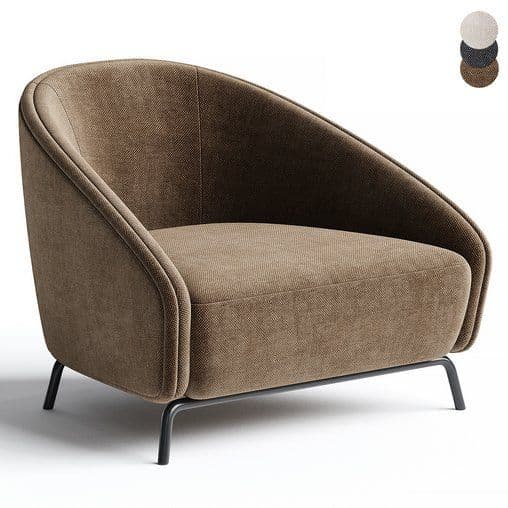 A contemporary lounge armchair featuring a curved, embracing backrest and integrated armrests, upholstered in a textured taupe fabric, and supported by slender, dark-finished metal legs. — 3D model