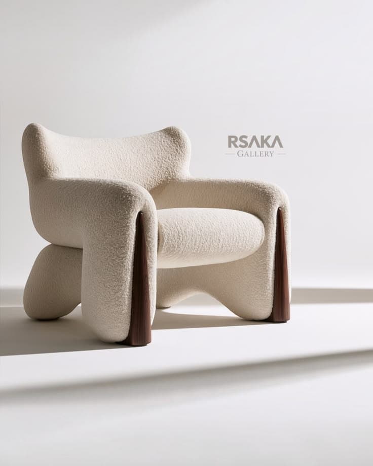 An organically shaped lounge chair upholstered in off-white bouclé fabric, featuring integrated dark wood accents that serve as structural supports and design elements. — 3D model