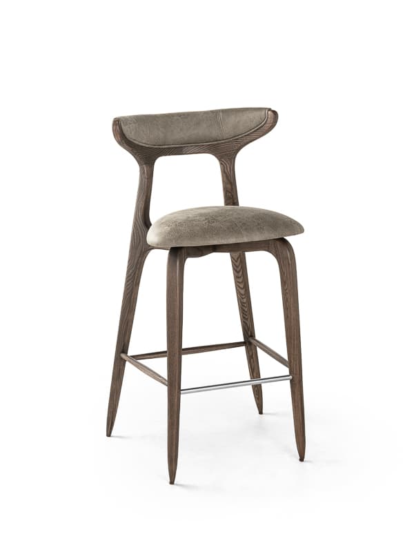A modern bar stool with a wooden frame and upholstered seat and backrest. The frame has a natural wood grain finish and a slightly curved, ergonomic design. The seat and backrest are padded and covered in a textured, neutral-toned fabric. — 3D model