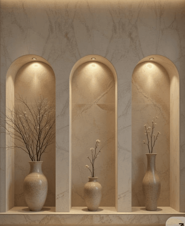 A contemporary display unit featuring three arched niches crafted from a light beige marble-effect material with subtle veining. Each niche is independently illuminated by integrated LED lighting, casting a soft glow on the items displayed within. The unit has a substantial, clean-lined form designed for showcasing decorative objects. — 3D model