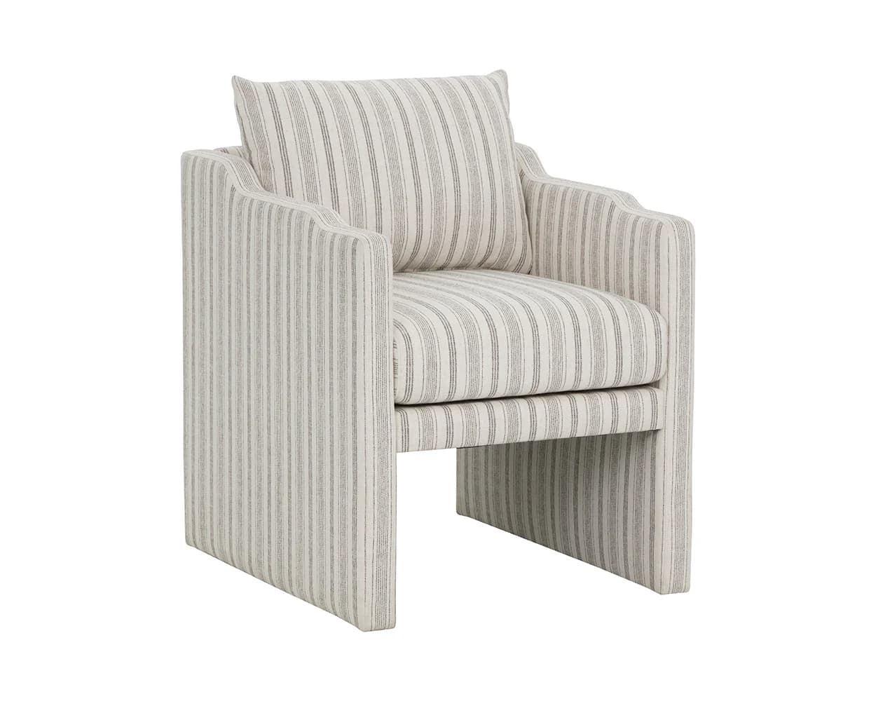 A modern armchair with a streamlined silhouette and a channeled backrest. The chair features integrated armrests and a boxy base. It is upholstered in a fabric with a vertical stripe pattern. A single loose back cushion is present. — 3D model