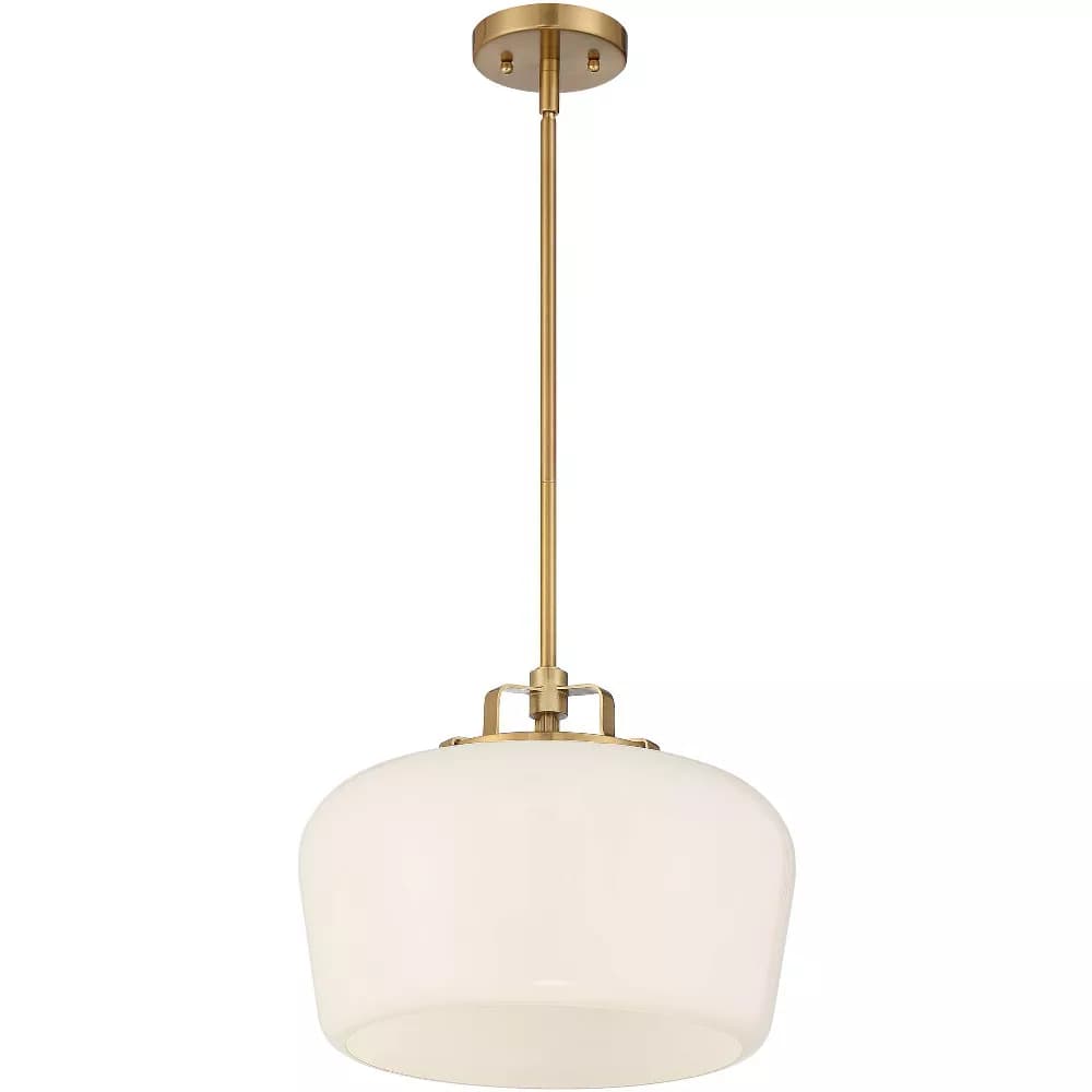 A single modern pendant light featuring a brass finish rod suspension and a bell-shaped opal glass shade, designed to provide diffused ambient illumination. — 3D model