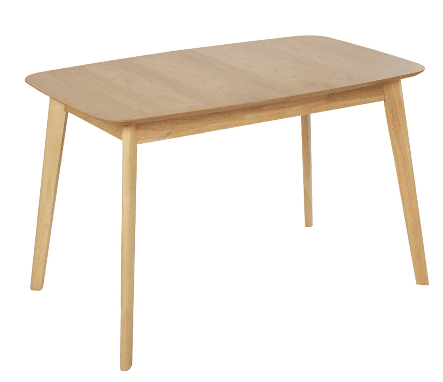 A wooden dining table with a rectangular top featuring rounded corners. The tabletop has a light wood grain pattern. It is supported by four tapered legs that splay outwards, contributing to a mid-century modern aesthetic. The construction appears to be solid wood. — 3D model