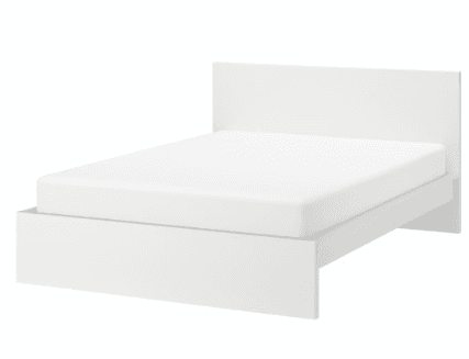 A minimalist white platform bed frame featuring a solid, rectangular headboard and a matching low-profile footboard. The design supports a mattress directly on its frame, eliminating the need for a box spring. Its clean lines and unadorned surfaces contribute to a contemporary aesthetic. — 3D model
