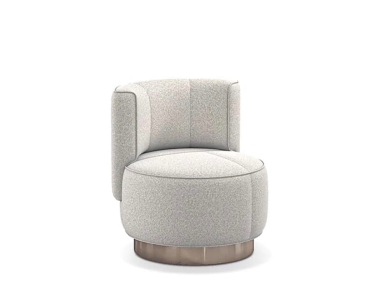 A contemporary accent chair with a rounded, low-profile design. It features a swivel base and upholstered seating and backrest. The upholstery has a textured finish, and the base appears to be made of metal. — 3D model
