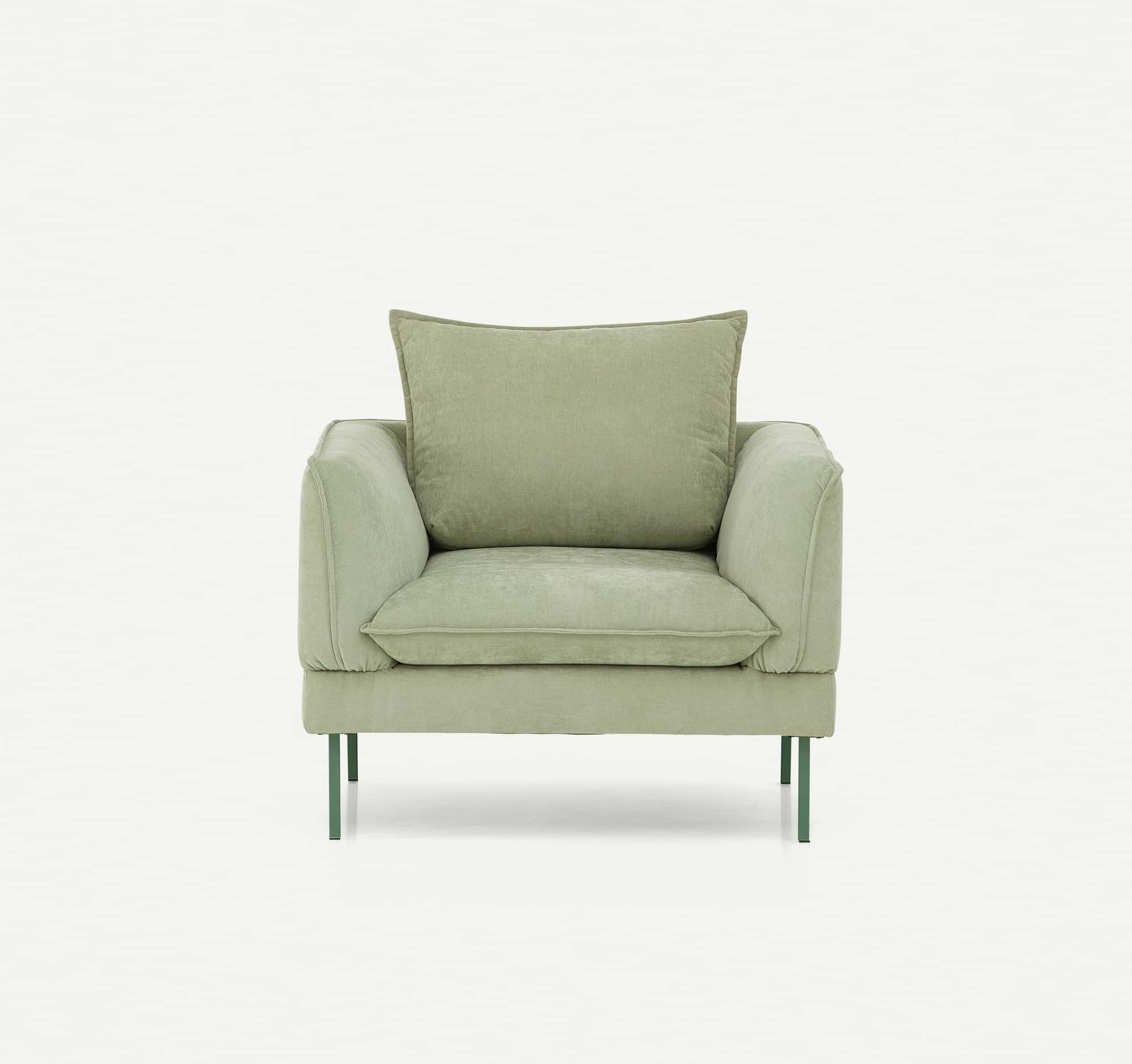 A contemporary upholstered armchair featuring a soft, muted sage green fabric, loose seat and back c… — free OBJ 3D model