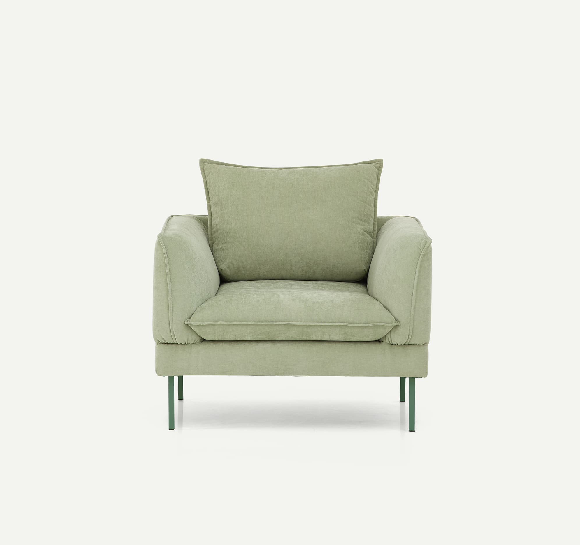 A contemporary upholstered armchair featuring a soft, muted sage green fabric, loose seat and back cushions, and slender, complementary dark green metal legs. — 3D model