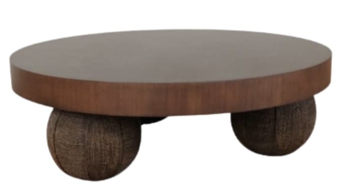 A contemporary low-profile coffee table featuring a circular dark wood top and three textured, spherical dark brown legs. The design is minimalist and organic, emphasizing the distinct leg structure. — 3D model