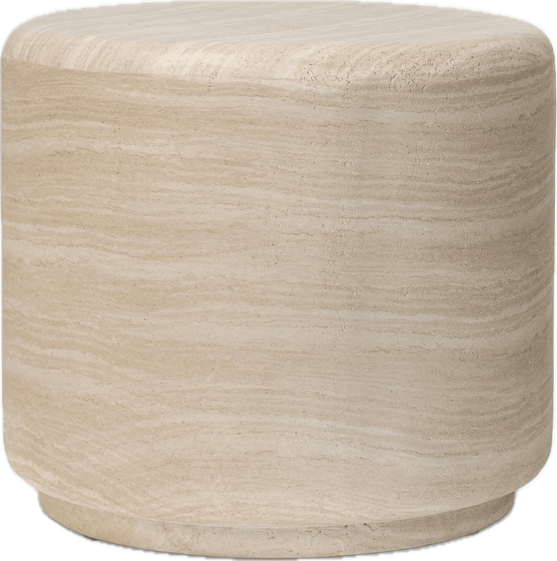 A cylindrical side table crafted entirely from natural travertine stone, showcasing its characteristic porous texture and layered veining in light beige and cream tones. The design features a flat, circular top and a slightly recessed circular base, creating a solid, monolithic appearance. — 3D model
