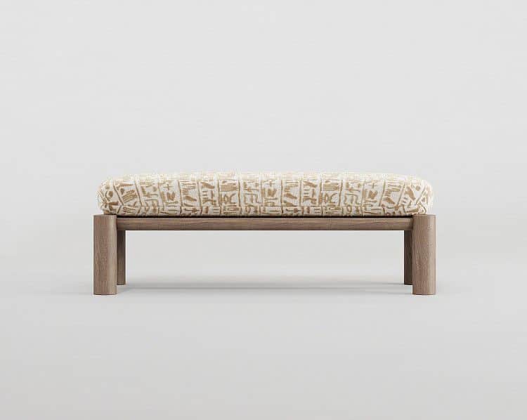 A bench with a rectangular wooden frame and a padded, upholstered seat. The upholstery features a pa… — 3D model