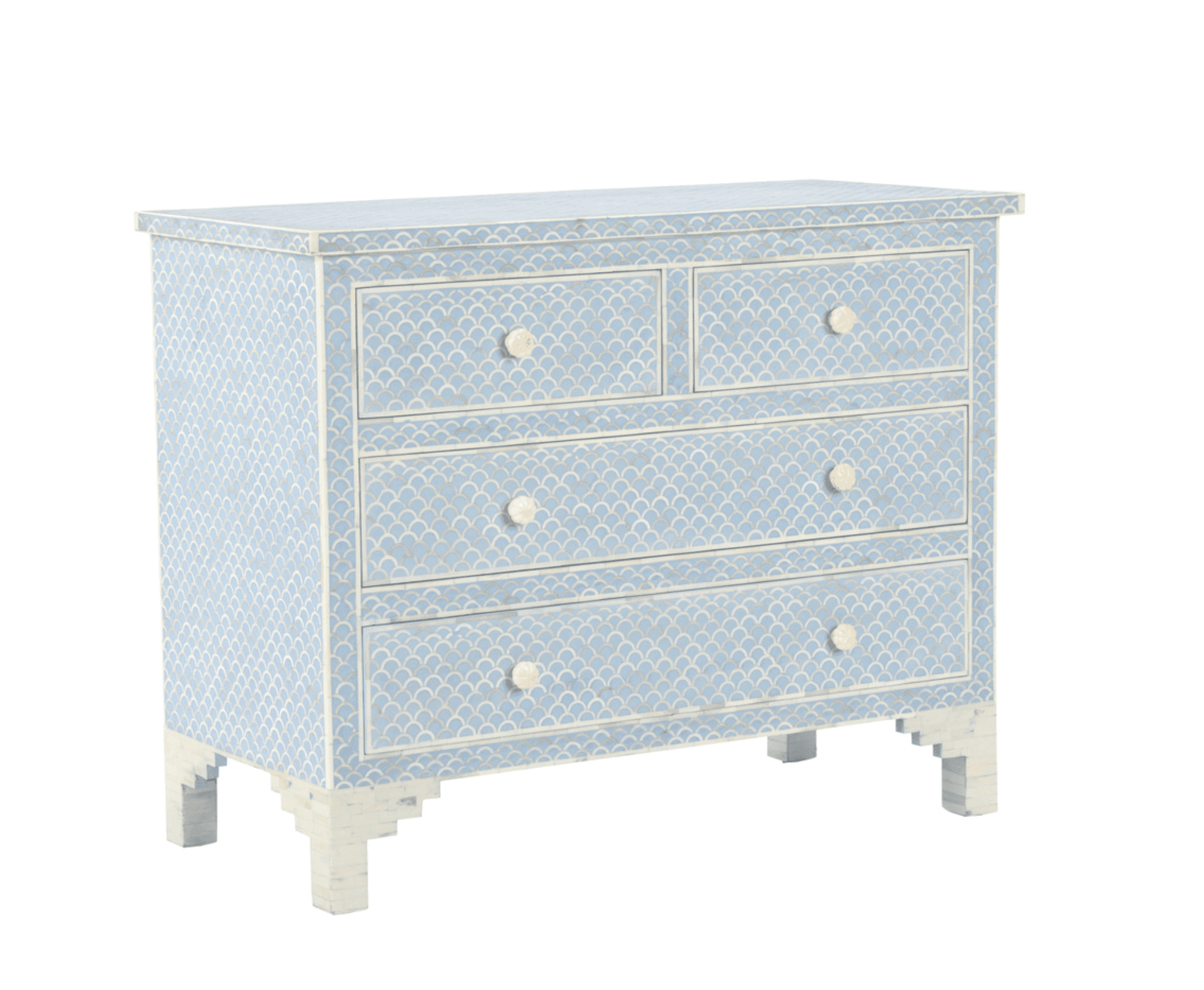 A light blue bone inlay chest of drawers featuring a repeating scallop or fish scale pattern. The ch… — 3D model