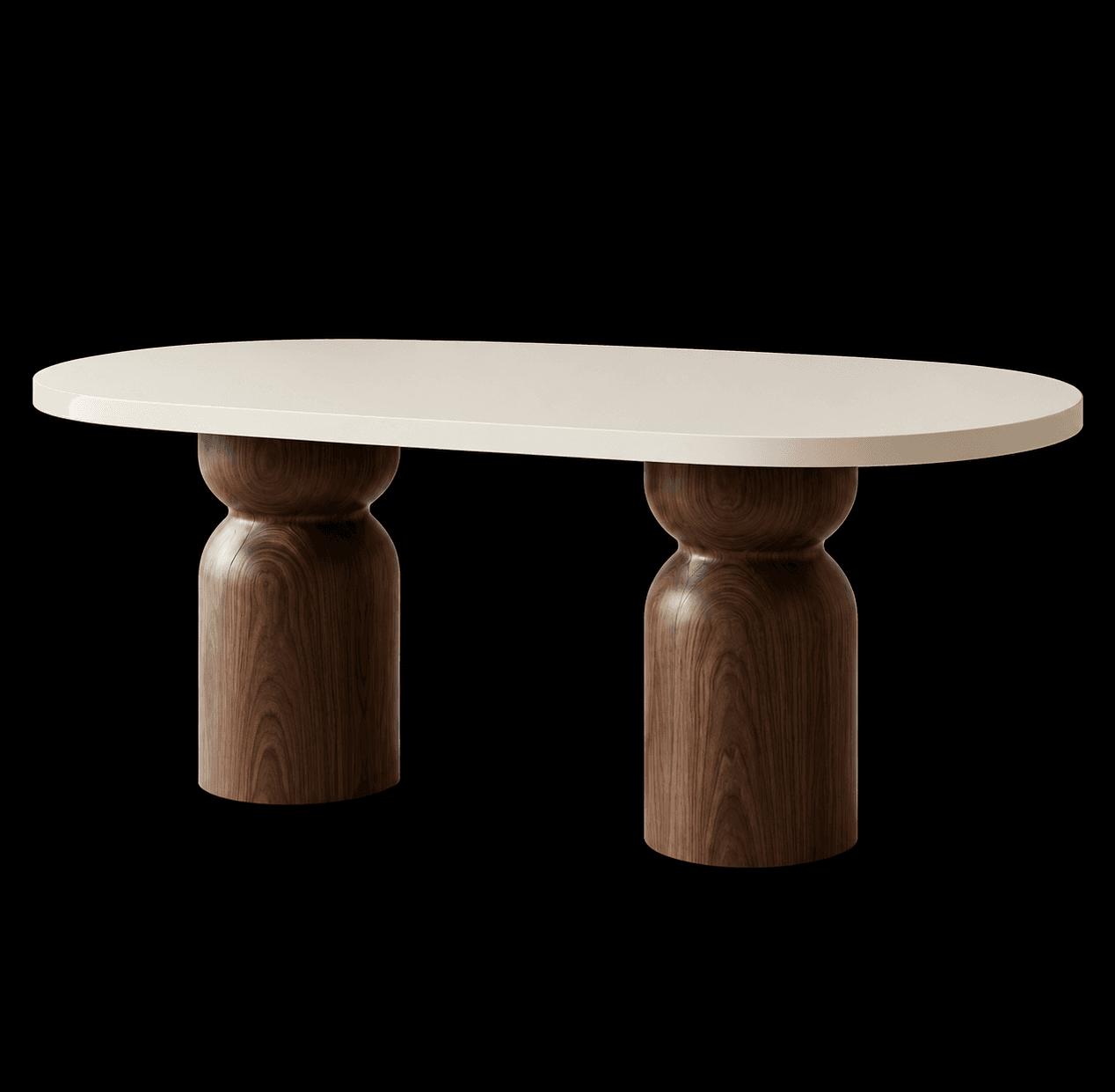 An elegant contemporary coffee table featuring a smooth, elongated oval tabletop supported by two robust, sculptural bases. The bases are crafted from dark walnut wood, exhibiting a distinctive hourglass or spool shape, while the tabletop is a contrasting light beige or cream color. The overall design emphasizes clean lines and organic, sculptural forms. — 3D model