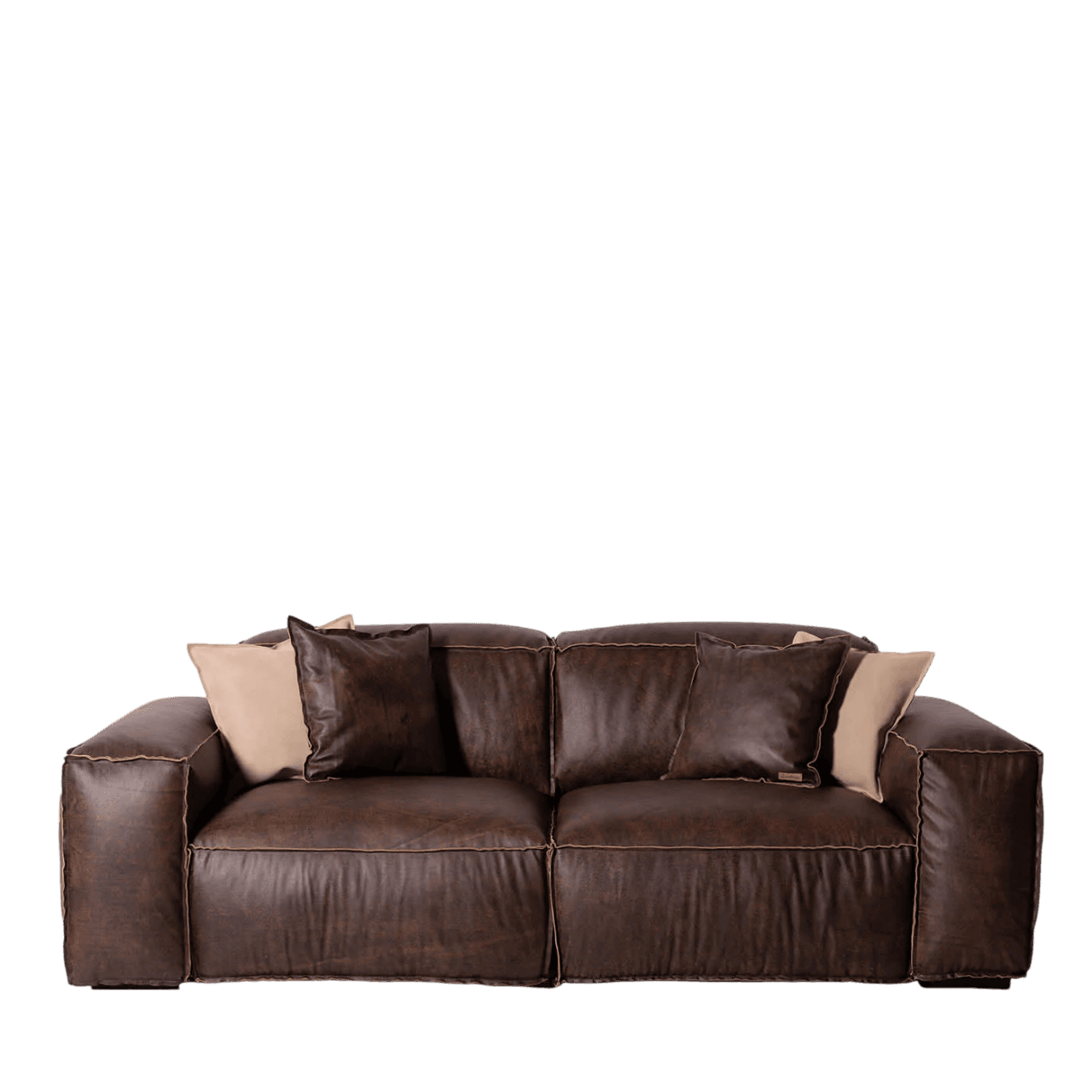 A brown leather sofa with two seat cushions and three back cushions. The sofa features prominent contrast stitching in a lighter brown thread along the edges and seams. It has wide, padded armrests and a deep seat. Two throw pillows are visible on the sofa: one in a dark brown, matching the sofa, and another in a light beige or cream color. — 3D model