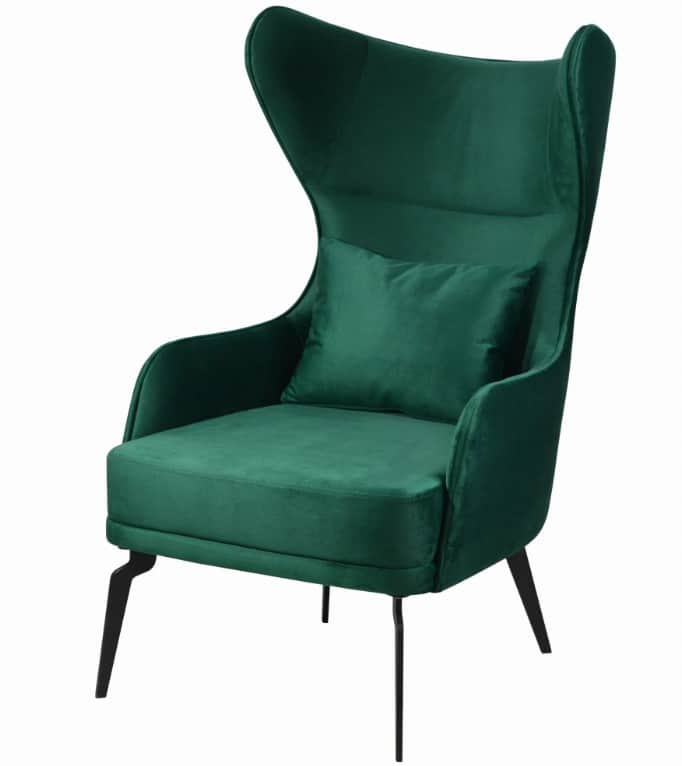 A high-backed armchair upholstered in emerald green velvet. The chair features winged sides and a ma… — 3D model