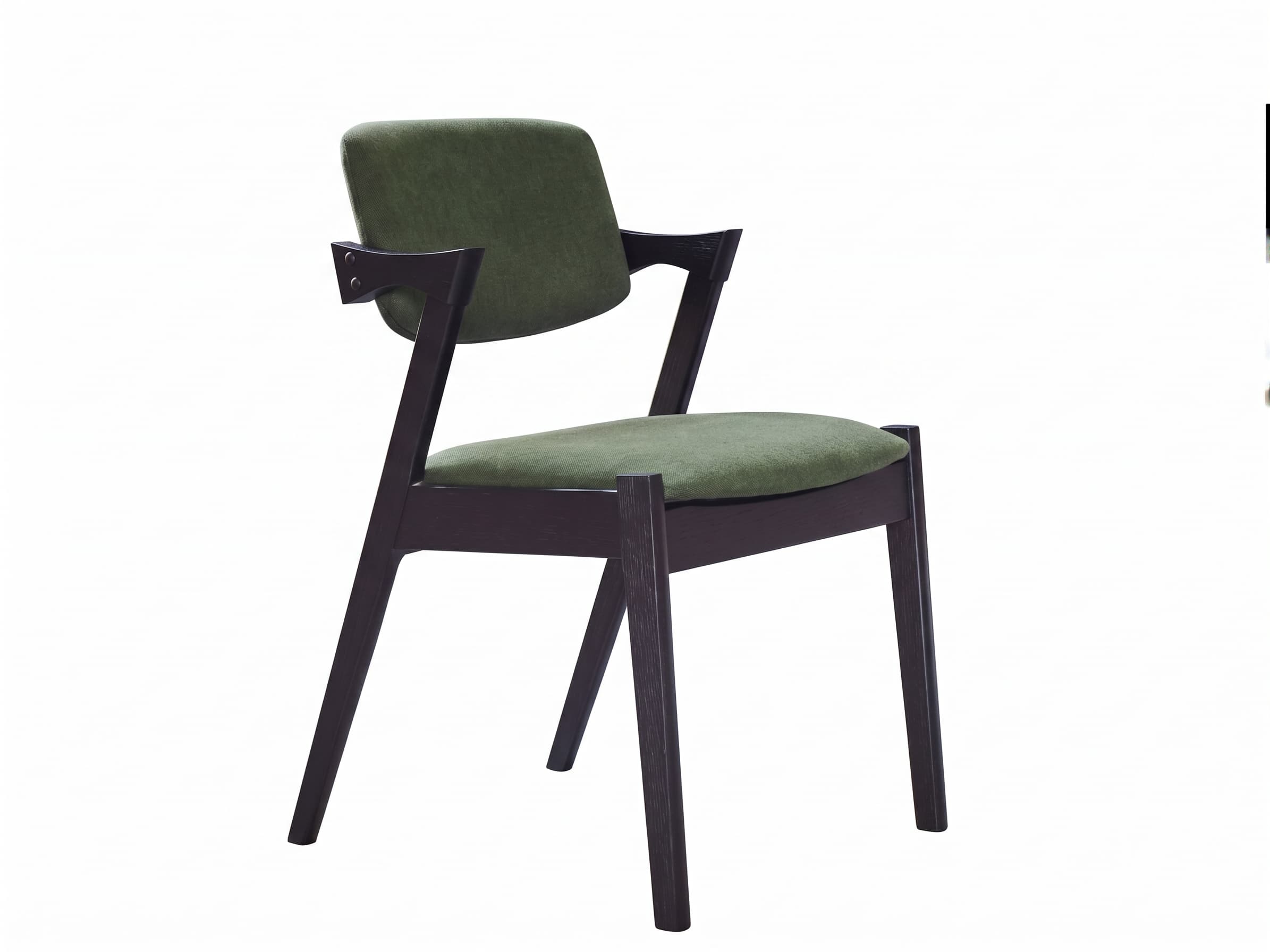 A contemporary dining armchair featuring a dark stained wooden frame and olive green fabric upholstery on both the seat and backrest. The chair has integrated armrests and slightly tapered legs. — 3D model