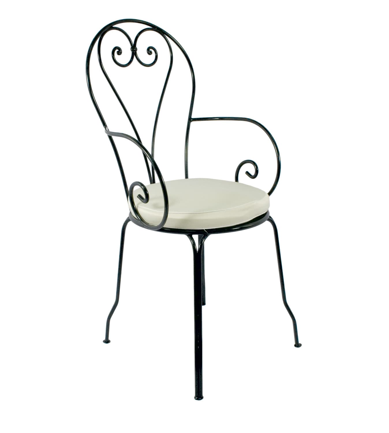A decorative armchair crafted from black wrought iron, featuring an ornate scrolled backrest that forms heart-like shapes at the top. The chair includes a circular, off-white upholstered cushion on the seat. Its armrests are curved, and the legs are slender, some slightly splayed, ending in small feet. — 3D model