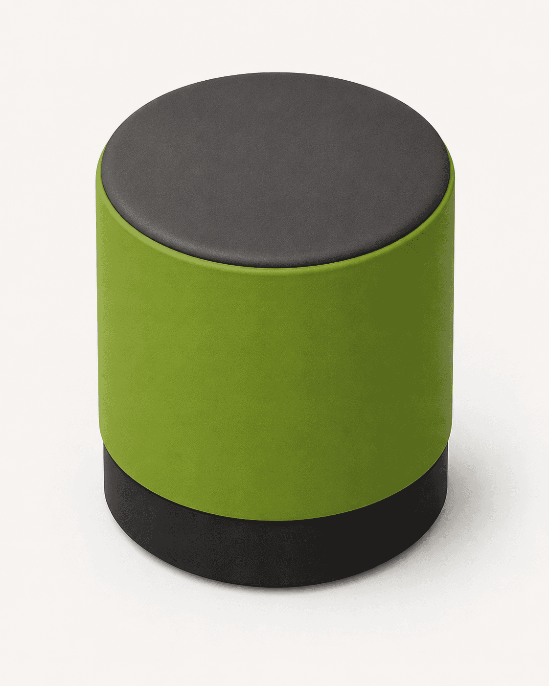 A cylindrical ottoman featuring a dark grey upholstered top cushion, a vibrant lime green upholstere… — 3D model