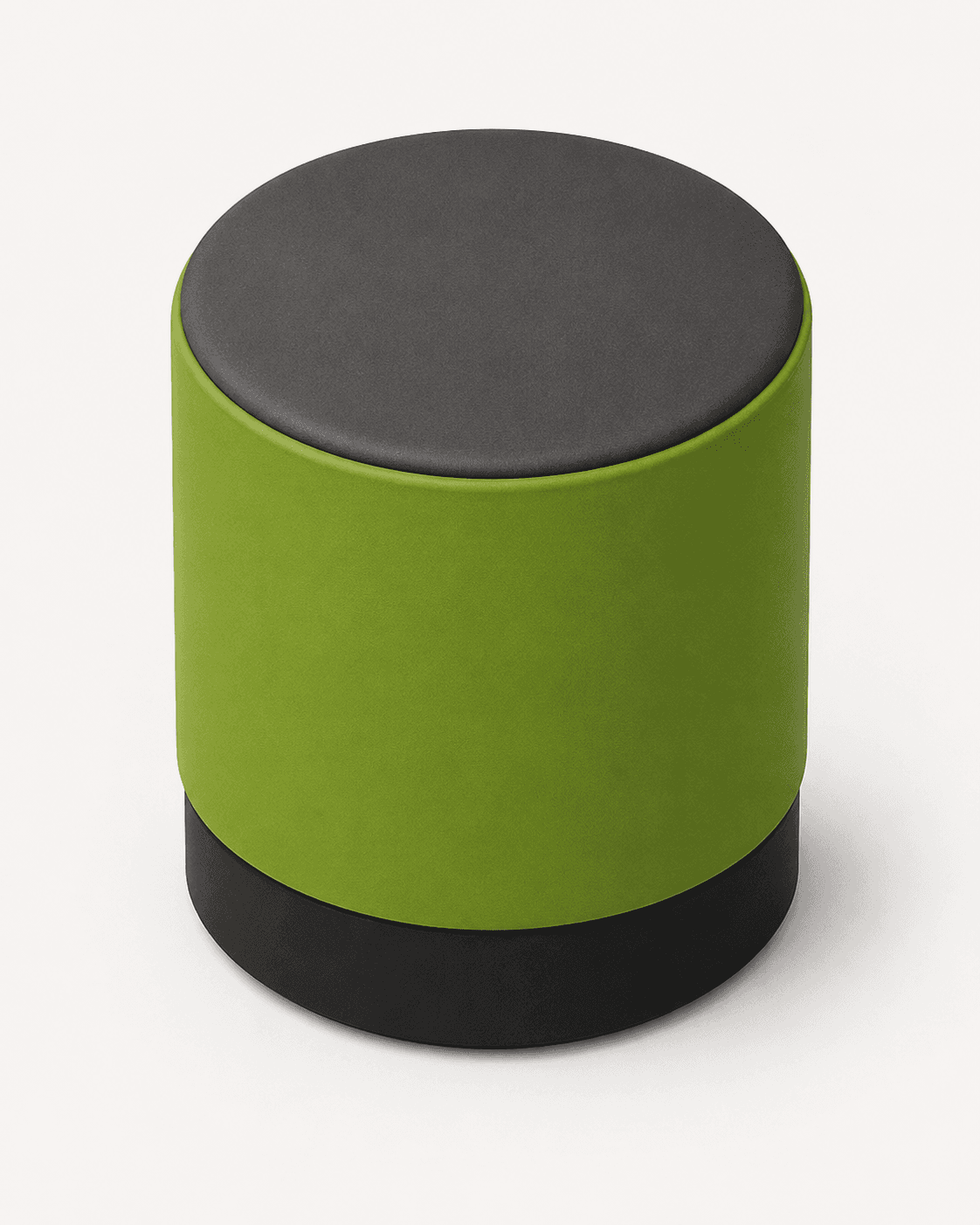 A cylindrical ottoman featuring a dark grey upholstered top cushion, a vibrant lime green upholstered body, and a black base, all resting on a white background. — 3D model