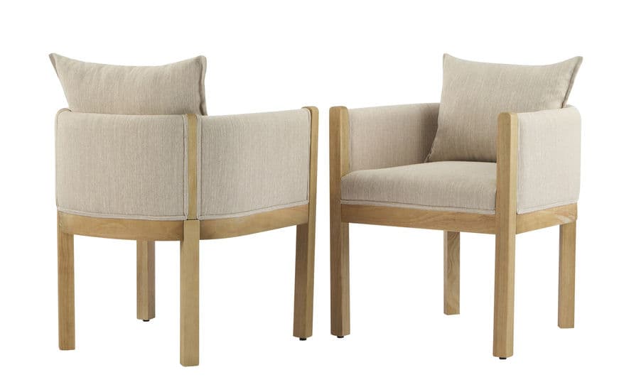 A contemporary armchair featuring an exposed light wood frame, complemented by a light beige upholstered seat cushion and a matching back cushion. The design is characterized by clean, straight lines, square armrests, and sturdy legs. — 3D model