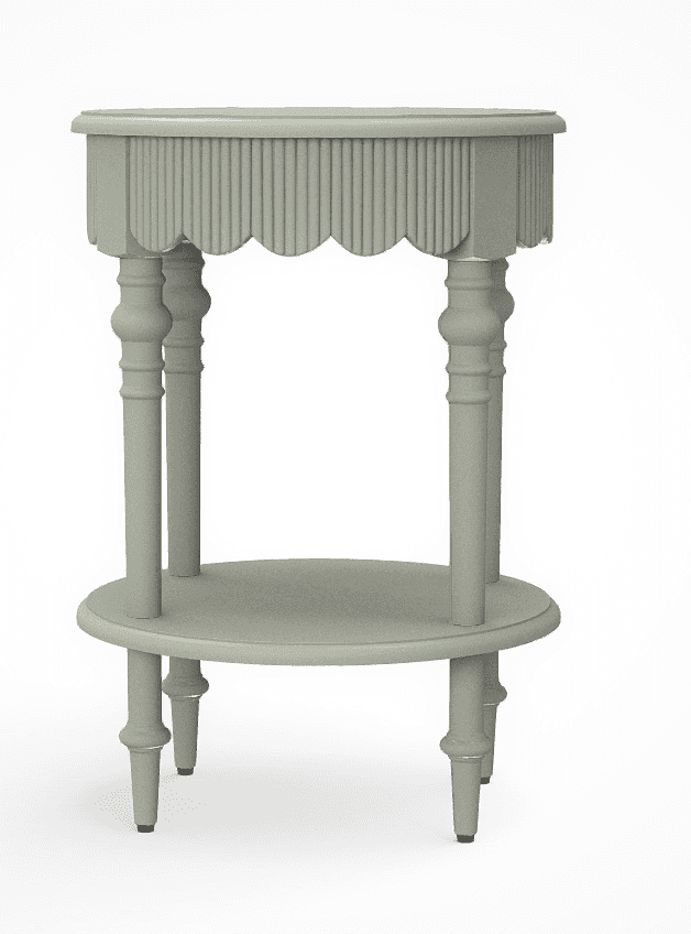 A light sage green, two-tiered accent table featuring a distinctive scalloped and reeded apron aroun… — 3D model