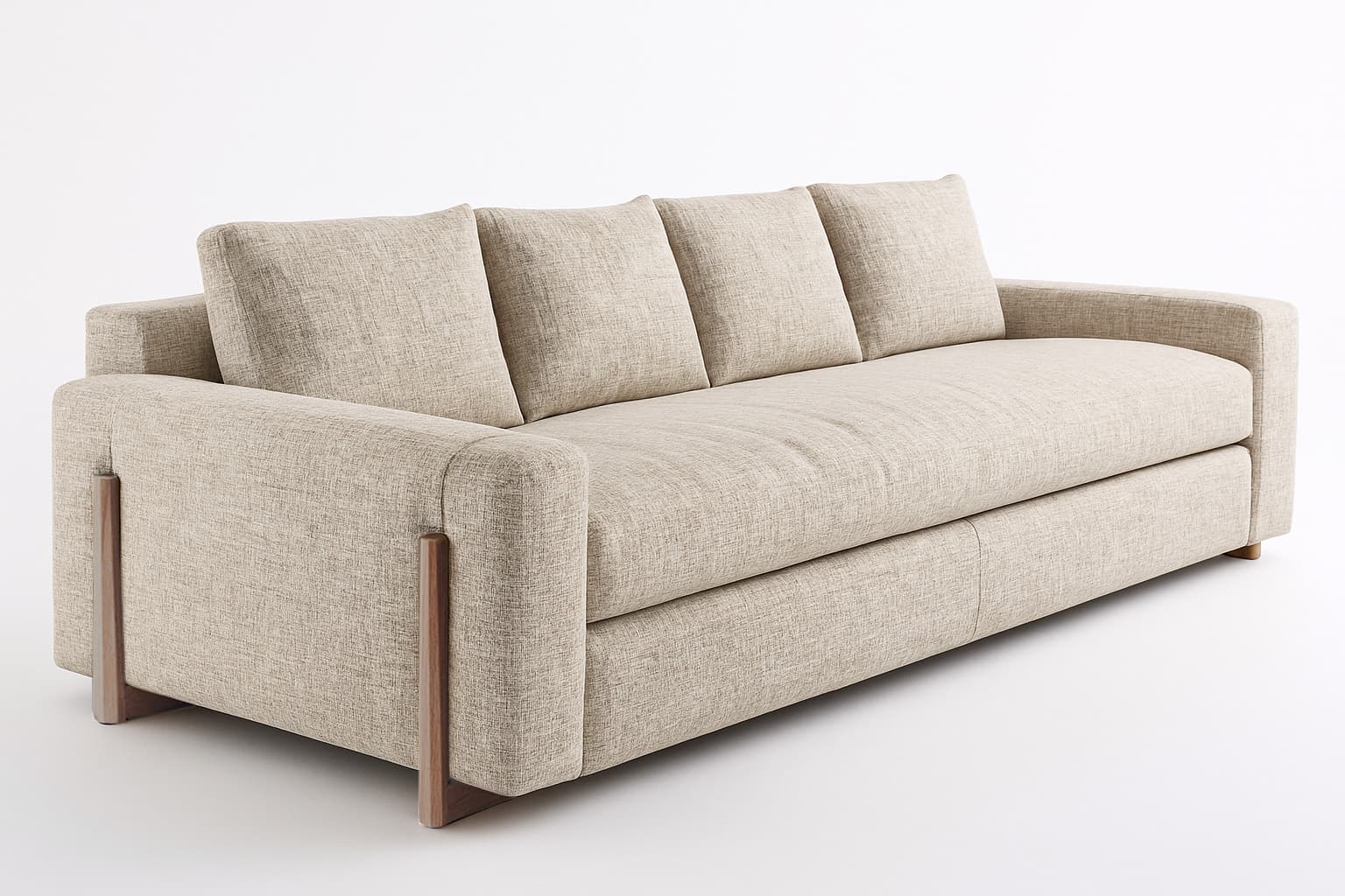 A modern upholstered sofa with a clean silhouette. It features a linear design with four back cushions and a continuous seat cushion. The arms are wide and straight, and the base is accented with vertical wooden elements at the front corners. The upholstery has a visible woven texture. — 3D model