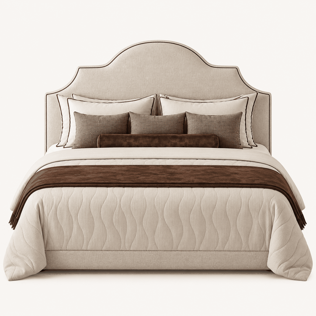 An elegant upholstered bed featuring a distinctive scalloped headboard with contrasting piping. The bed frame is fully upholstered in a light beige fabric, complemented by layered bedding in similar neutral tones with brown accents. The headboard's ornate silhouette provides a classical touch to the otherwise contemporary design. — 3D model