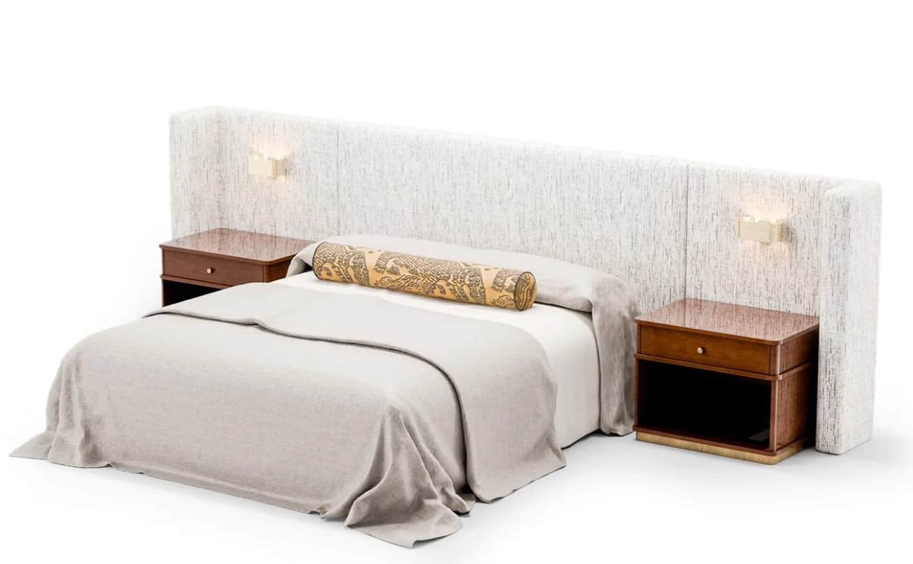 A modern king-sized bed featuring a large, paneled upholstered headboard in a light, textured fabric… — 3D model