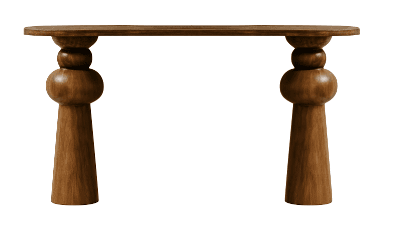 A console table with a long, narrow tabletop and two pedestal bases. Each base is composed of stacke… — 3D model