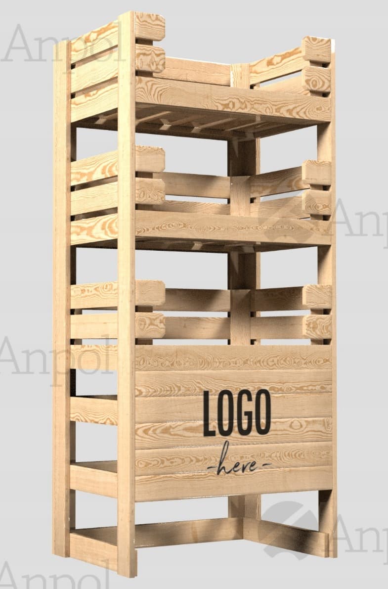 A tall, narrow shelving unit constructed from light-colored wood. It features multiple open shelves with slatted sides, creating a tiered structure. The construction appears robust with visible joinery. The overall design is functional and minimalist. — 3D model
