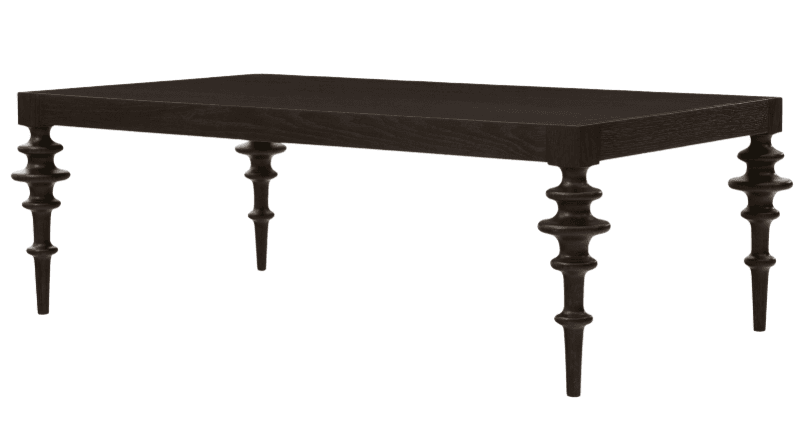A rectangular dining table made of dark wood, featuring a solid top and four distinctively turned and tapered legs. — 3D model