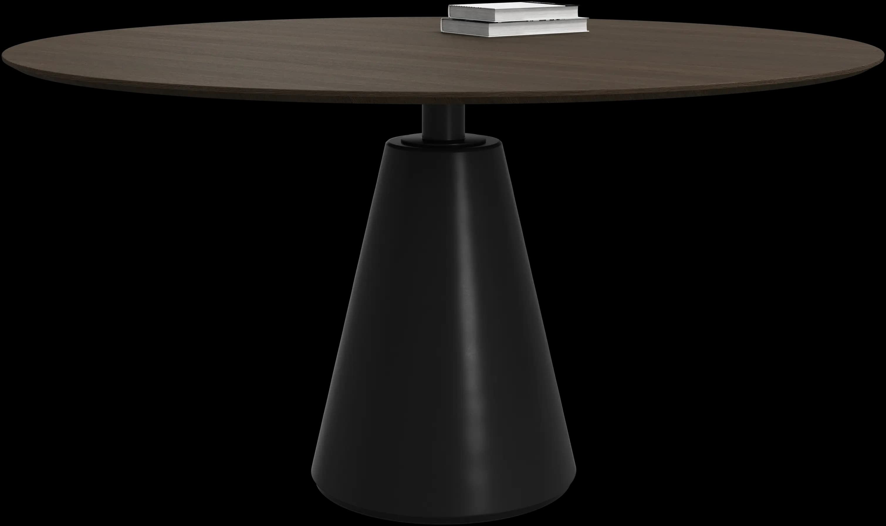 A round table featuring a dark wood-grain top and a black conical pedestal base. — 3D model